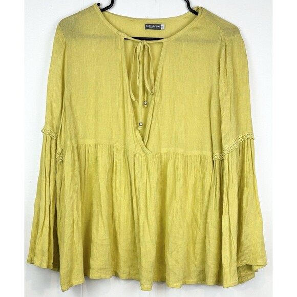 Earthbound Trading Co Tops - Earthbound Trading Co Blouse Boho Peasant Bell Sleeves, Mustard Yellow, Small